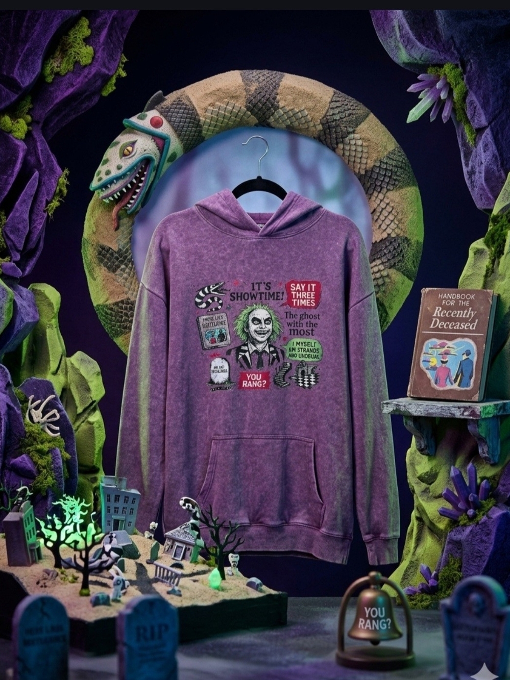 Custom Beetlejuice Acid Washed Purple Graphic Pullover Hoodie